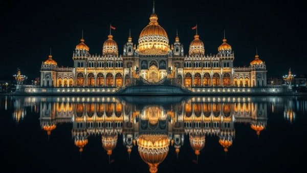 Majestic illuminated palace reflected in water at night, business travel lodging.