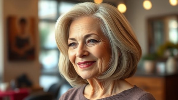 Layered bob hairstyle for women over 60, smiling woman in a salon.