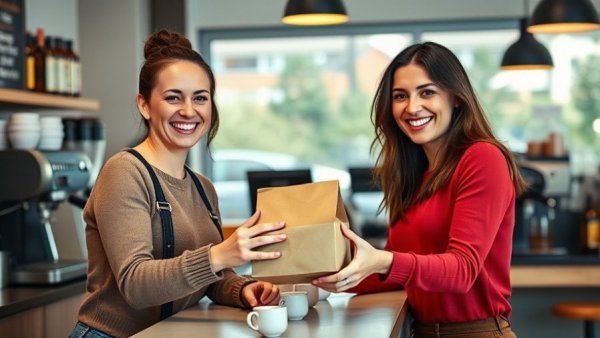 Smiling women exchanging a bag at a cafe, AI replacing human empathy in restaurants.