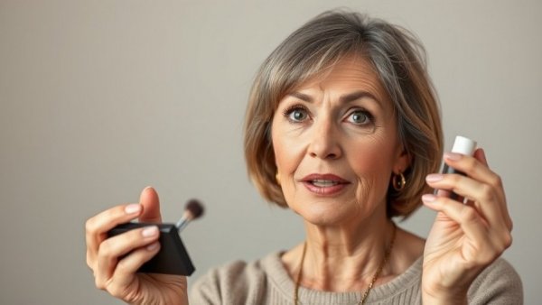 Woman explaining makeup tutorials for mature skin, softly lit.