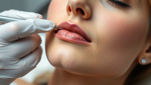 Close-up of lip tattoo procedure in a salon setting