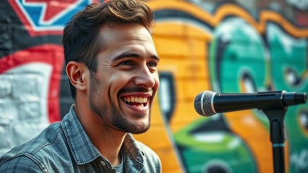 Casual man speaking into microphone against colorful graffiti wall.