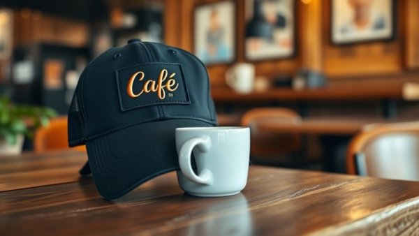 Casual coffee shop scene with merchandise hat and mug, showcasing cultural currency.
