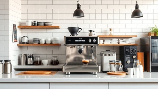 Minimalist high-end espresso bar with modern decor.