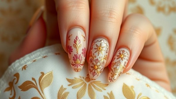Elegant Bridgerton nails with intricate designs in pastel and gold.