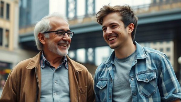 Two men laughing and enjoying a moment outdoors
