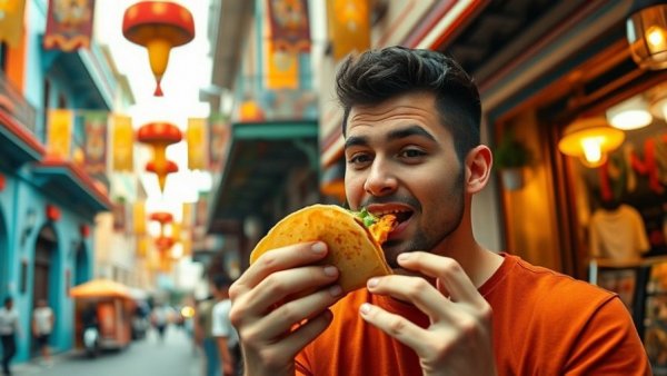 Young man enjoying a taco in vibrant Mexico City street, top dining spots.