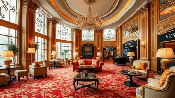 Luxurious business hotel lounge with opulent Versace decor.