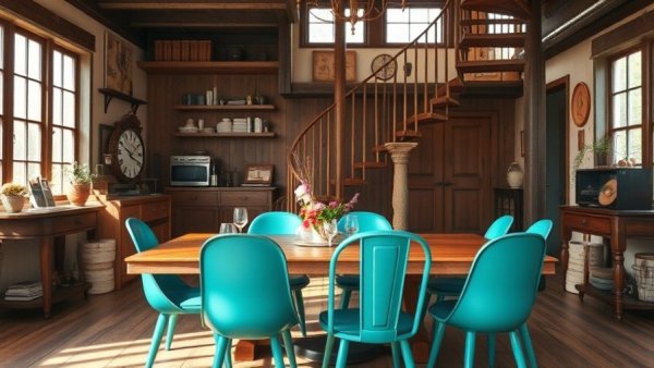 Charming rustic dining area with teal chairs to create more space.