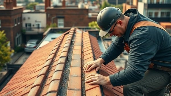Roofer repairing a brick roof, focused and detailed.