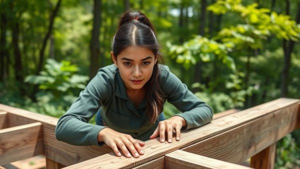 Young woman working on sustainable construction in a forest setting.