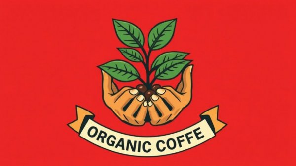 Vintage coffee brand logo with hands holding coffee plant in classic design.