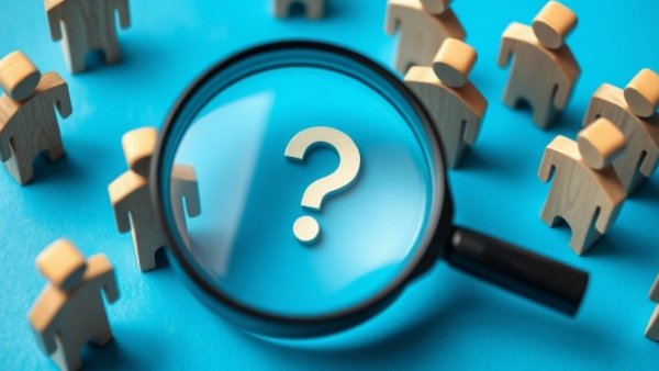 Magnifying glass with question mark surrounded by wooden figures, concept of recession-proof customers