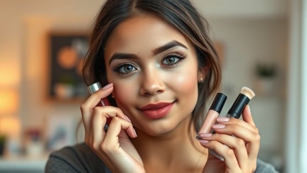 Young woman showcasing $20 makeup challenge products.