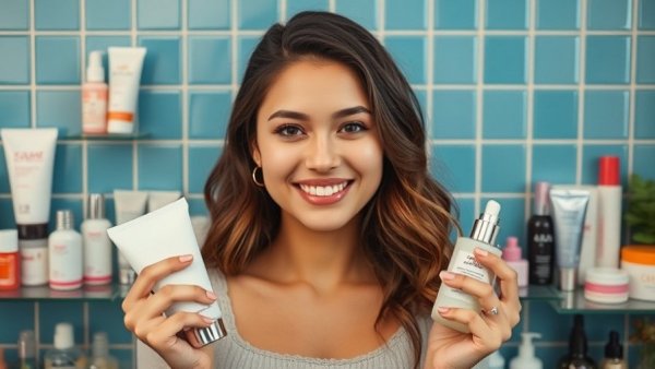 Skincare routine essentials with a smiling woman and beauty products.