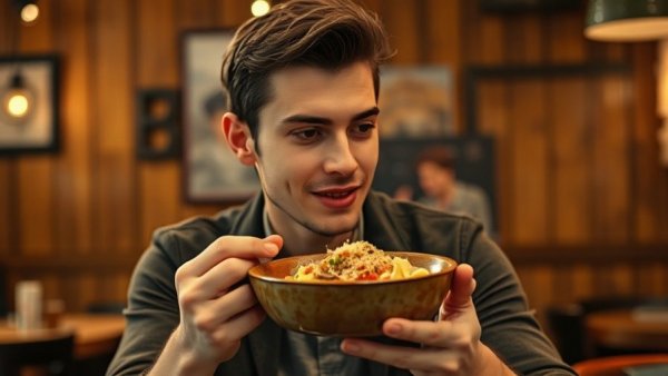 Young man savoring a dish with leek ash in farm-to-table restaurant.