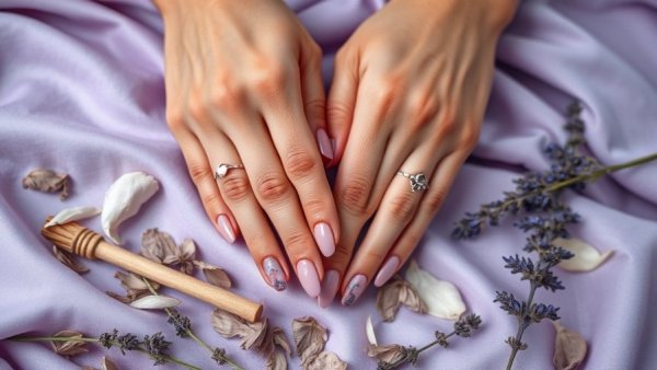 Elegant manicured hands with intricate nail art displaying nail colour contrast science on purple fabric.