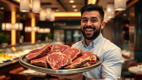 Excited man at a Chinese buffet presenting beef slices, lively setting.