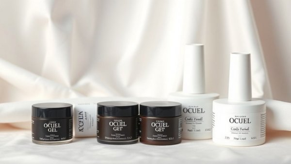 Close-up of neatly displayed nail gel products and manicured hand with white polish.