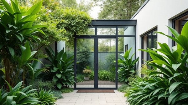 Modern garden building installation with glass doors amid lush greenery.