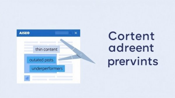 Illustration of content pruning for SEO with scissors and content labels.