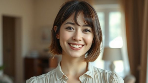 Smiling woman with shaggy bob and bangs in a delicate blouse indoors.