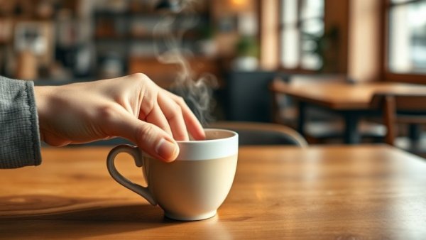 Hand reaching for steaming coffee cup in cozy cafe setting.