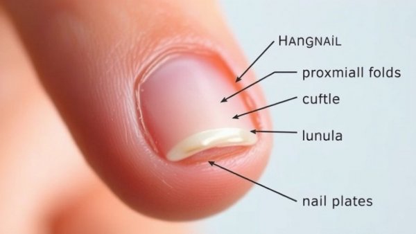 Close-up of hangnail on finger showing nail anatomy.