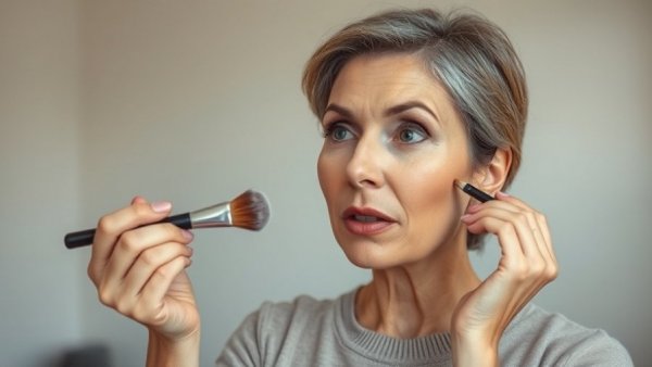 Woman over 40 demonstrating makeup contouring technique.