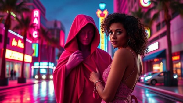 Vibrant neon cityscape with a woman unveiling a statue, retro-futuristic style.