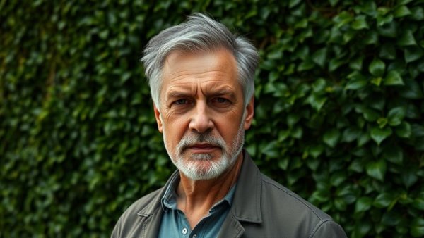 Serious mature man outdoors against ivy wall, public abuse food reviewers topic.