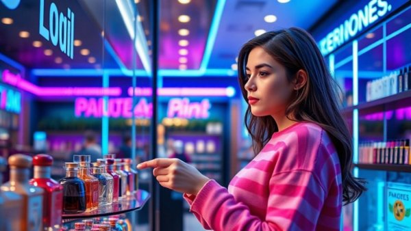 Young woman exploring perfume options in a vibrant neon-lit boutique.