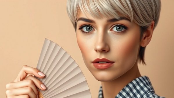 Woman using a fan to set waterproof makeup on flawless skin.