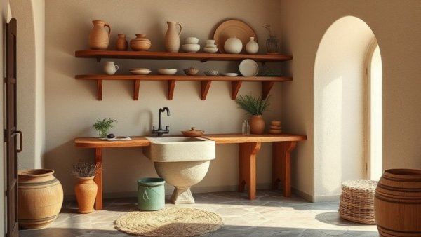 Rustic kitchen with stone sink and shelves, warm ambiance