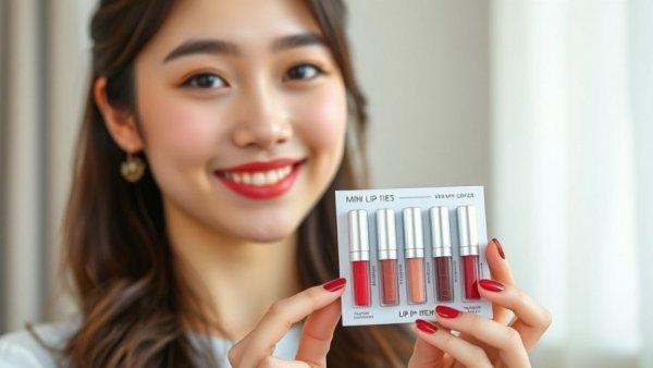 Charming woman showing tiny Korean lip tint set with a smile indoors.