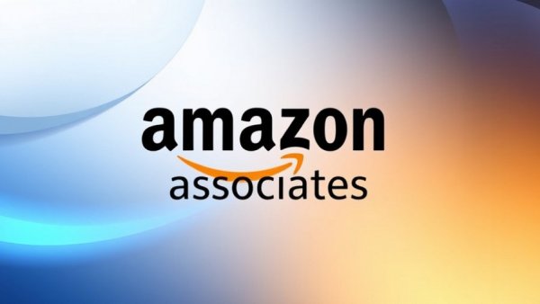 Amazon Associates logo, digital gradient background