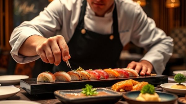 World-class chef presenting sushi omakase in a cozy dining setup.