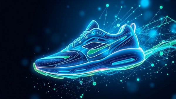Futuristic neon sneaker with digital commerce and AI marketing concepts.