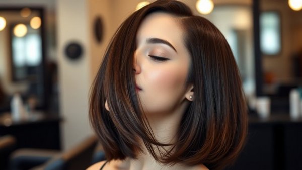 Sleek mid-length haircut for thick hair in a salon setting.