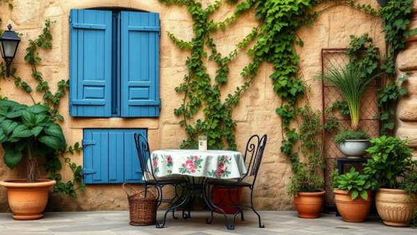 Rustic patio dining area with vintage chairs and a table.
