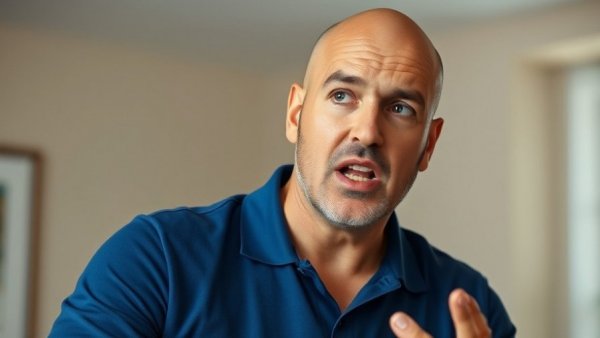 Man in blue shirt speaking about red light therapy indoors.