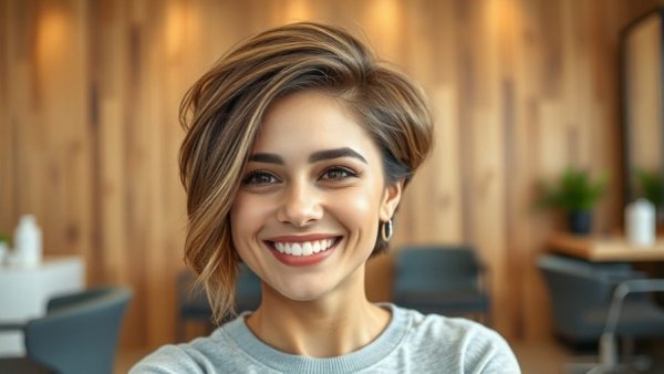 Young woman with soft butterfly haircut smiling in a salon.