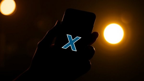 Silhouette of a hand holding a phone with X logo, dark background.