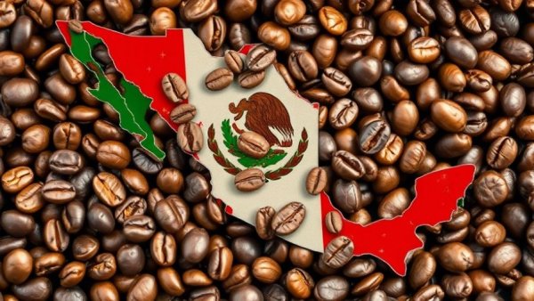 Map of Mexico on coffee beans showing production trends.