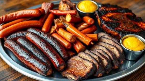 Assorted BBQ meats on a tray at Dallas smokehouse.
