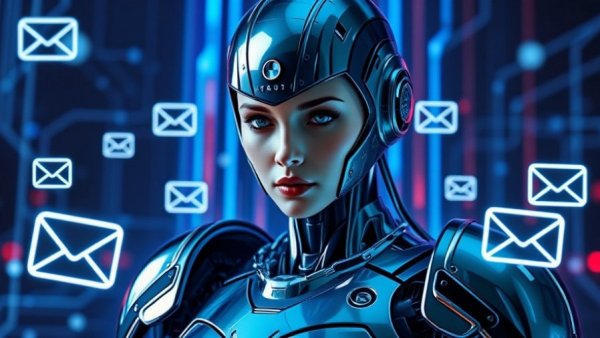 Futuristic AI robot with marketing automation icons for lead nurturing.