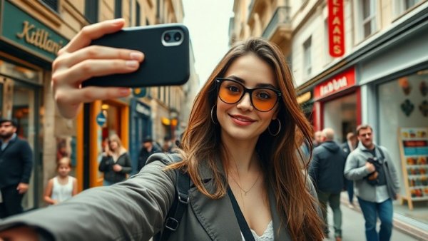 Stylish young woman taking a selfie on a vibrant city street, skincare routine.