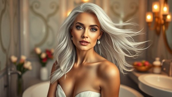 Elegant woman with silver hair using hair care products, luxurious bathroom setting.