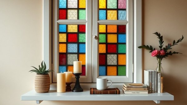 Eclectic shelf display with stained glass window in home extension