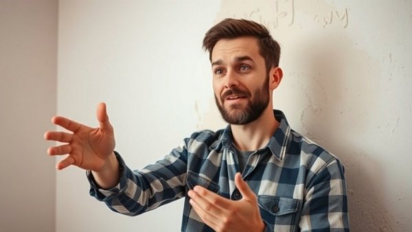 Young man explains how to plaster a wall indoors.